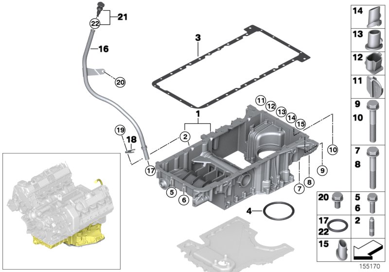 Oil pan upper part, oil level indicator
