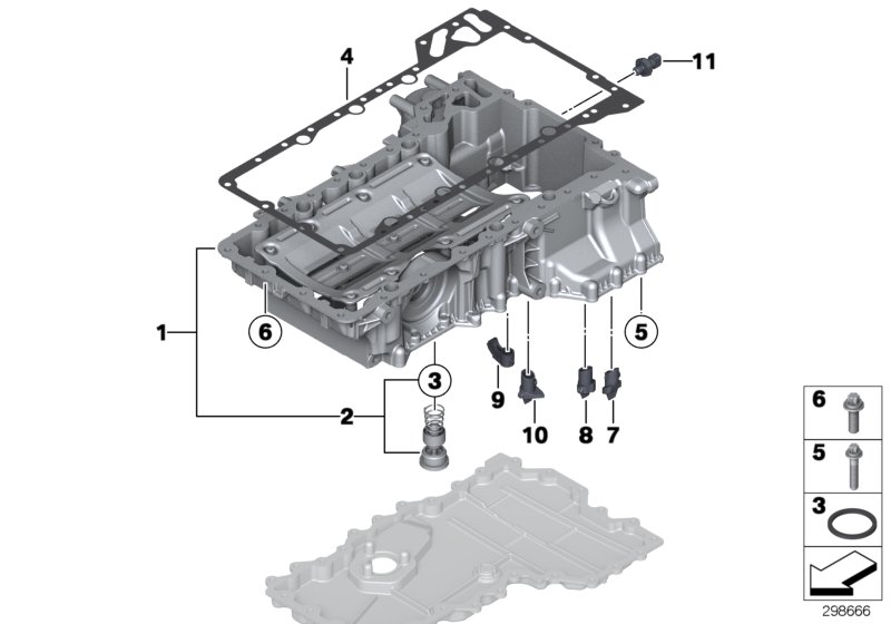 Oil pan upper part, oil level indicator