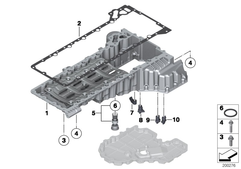 Oil pan upper part, oil level indicator