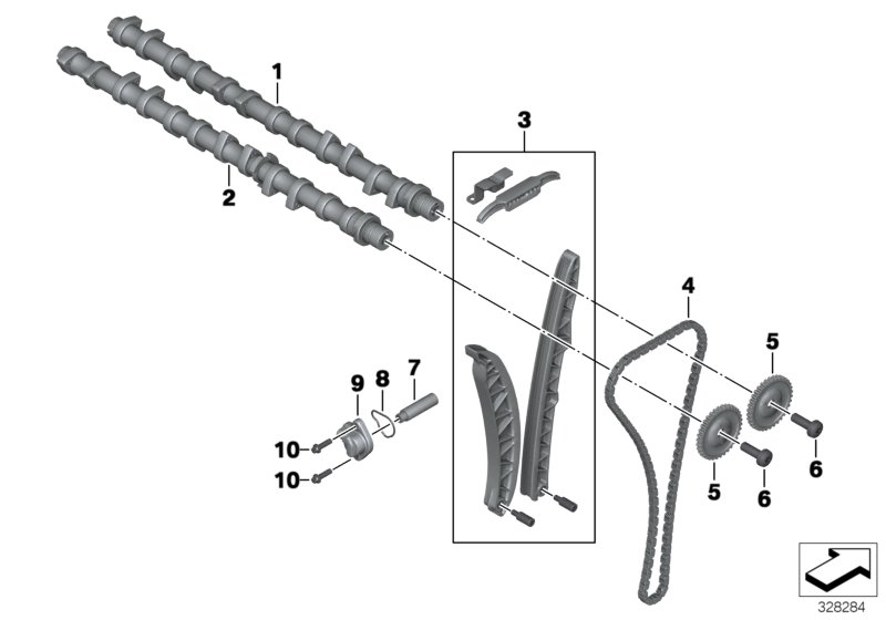 Camshaft, camshaft gear, timing chain