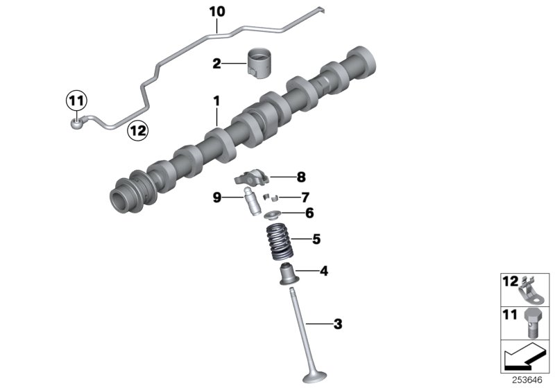 Valve timing gear, camshaft, outlet
