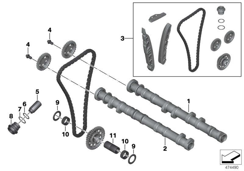 Camshaft, camshaft gear, timing chain
