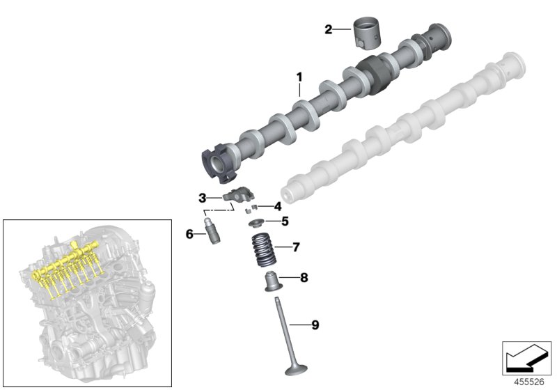 Valve timing gear, camshaft, outlet