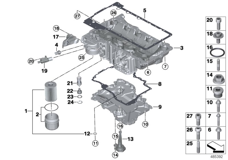 Oil sump/oil filter/oil measuring device