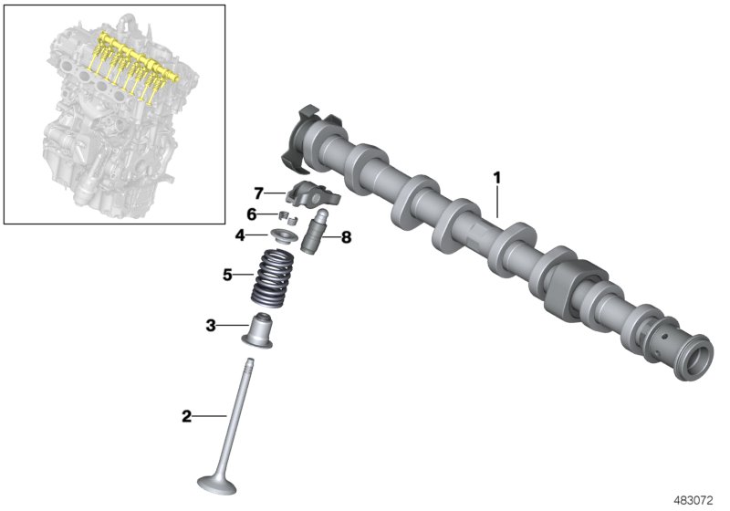Valve timing gear, camshaft, outlet