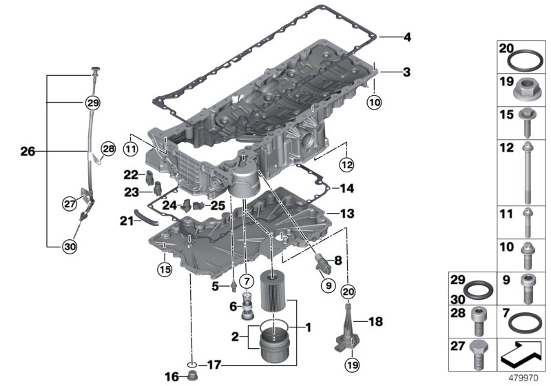 Oil sump/oil filter/oil measuring device