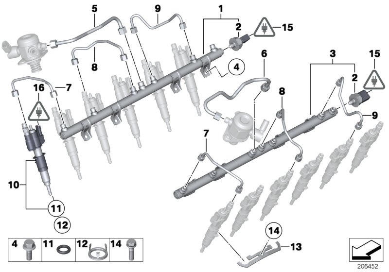 High-pressure rail/injector/line