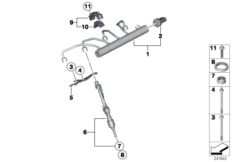 High-pressure rail/injector/mounting