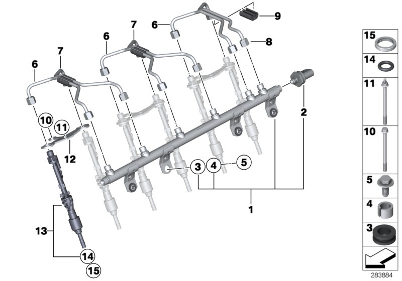 High-pressure rail/injector/line