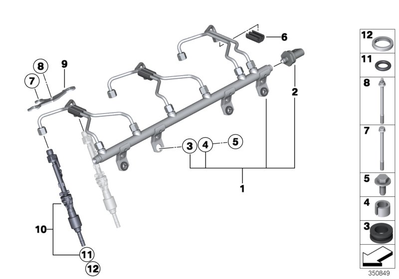 High-pressure rail/injector/mounting