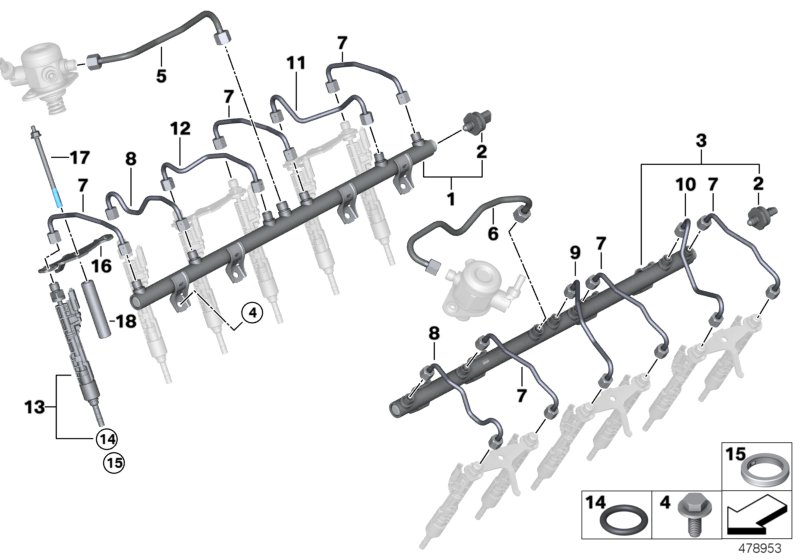 High-pressure rail/injector/line