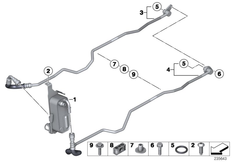 Heat exch./transmission oil cooler line