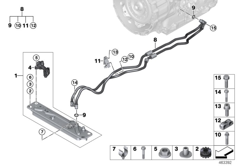 Heat exch./transmission oil cooler line