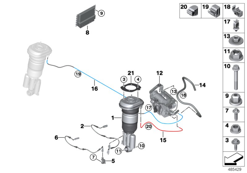 Air spring strut, rear/control units