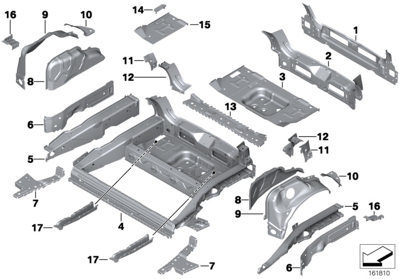 Floor panel trunk/wheel housing rear