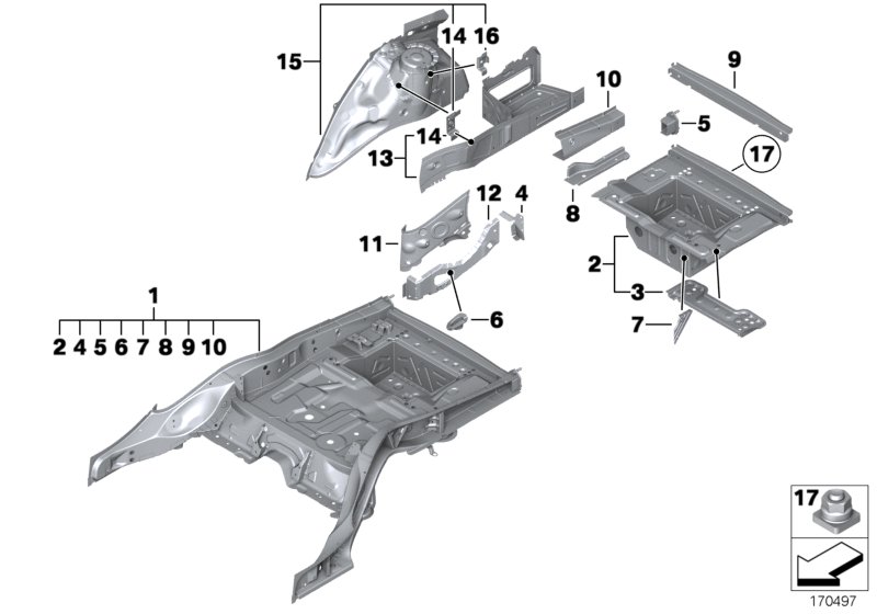 Floor panel trunk/wheel housing rear
