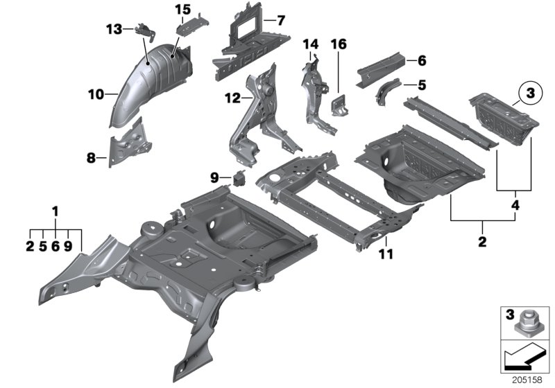Floor panel trunk/wheel housing rear