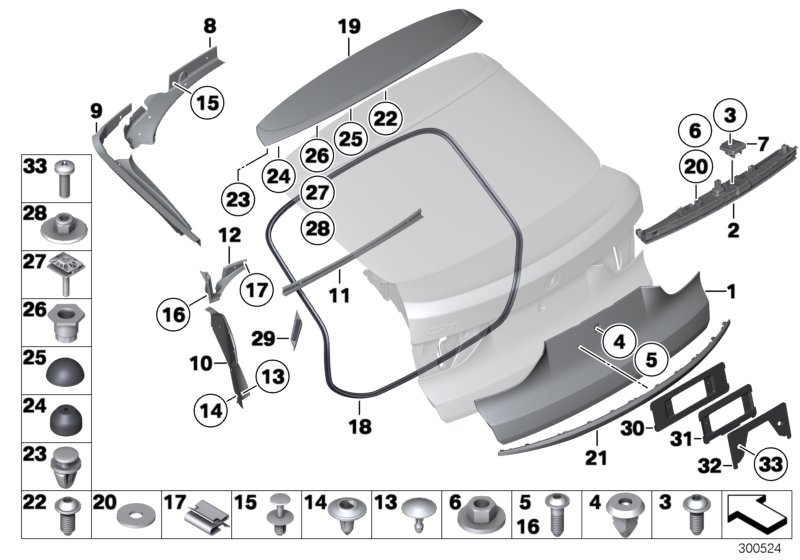 Mounting parts, rear lid