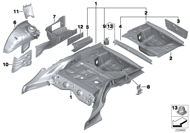 Floor panel trunk/wheel housing rear