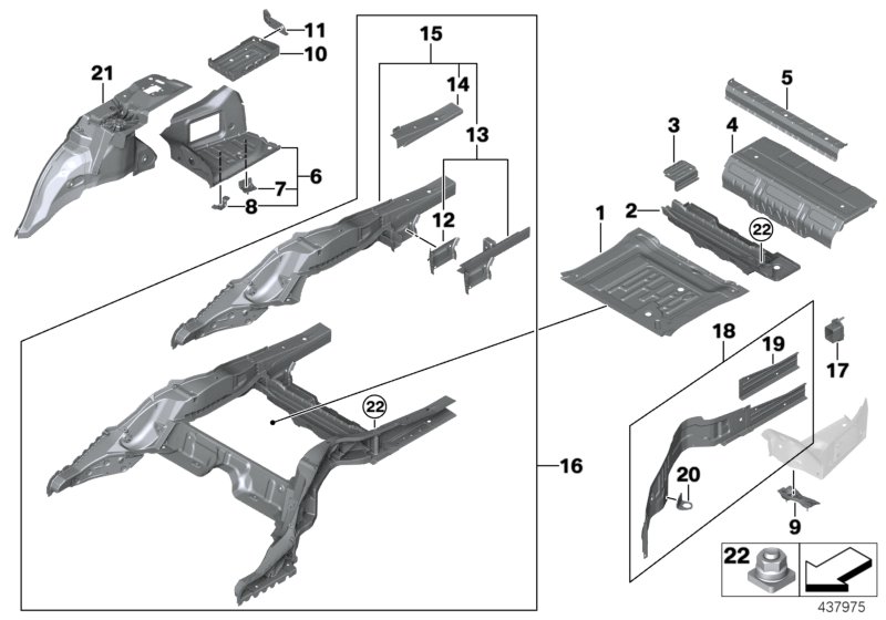 Floor panel trunk/wheel housing rear
