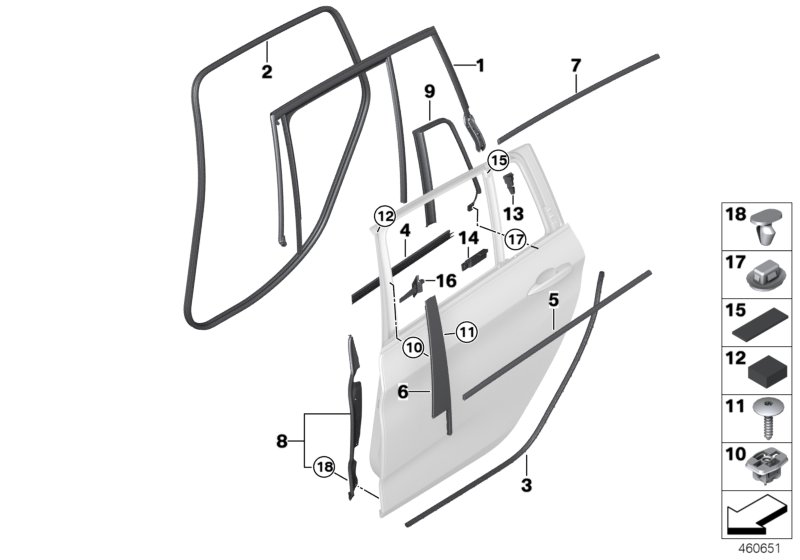 Trims and seals, door, rear