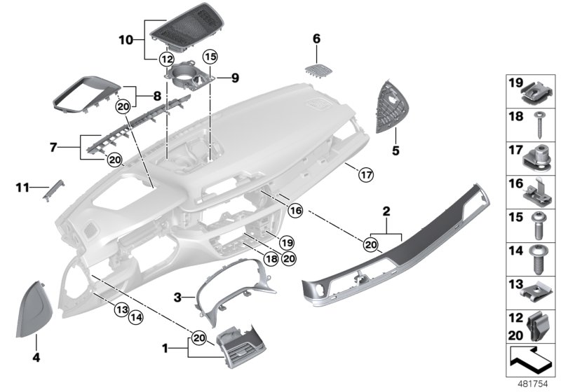 Mounting parts, instrument panel, top