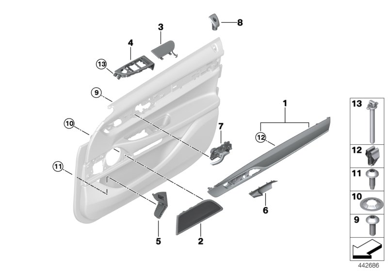 Mounting parts, door trim panel, front