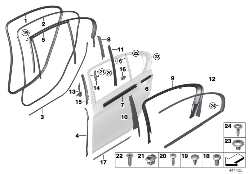 Trims and seals, door, rear