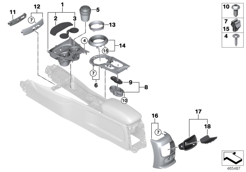 Mounted parts for centre console