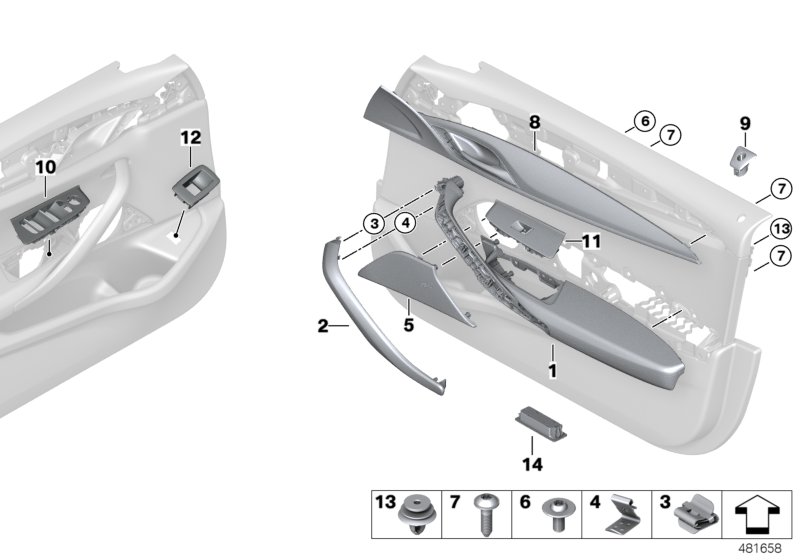 Mounting parts, door trim panel, front