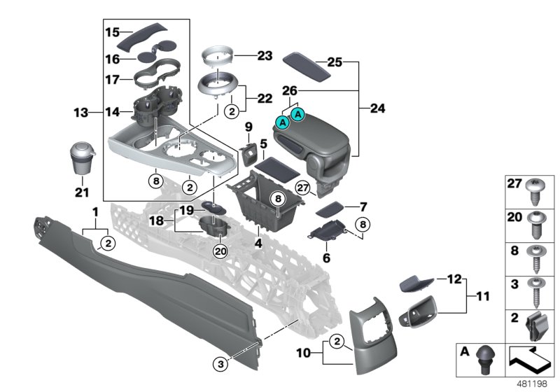 Mounted parts for centre console