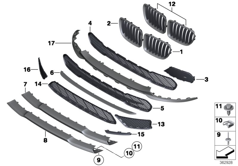 Trim panel, trim elements, front