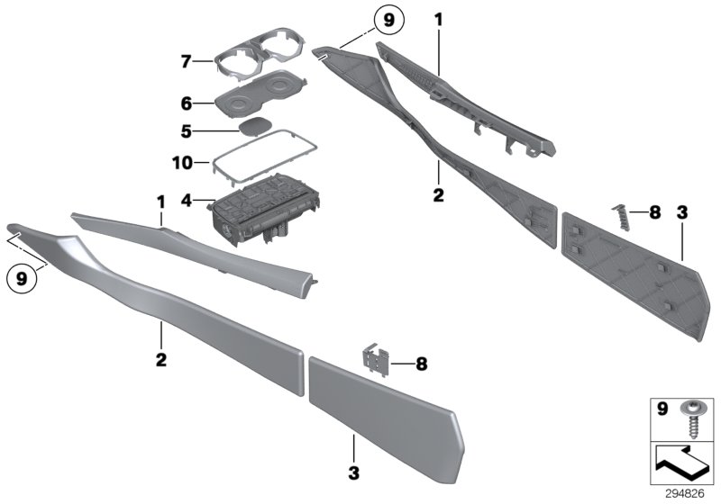 Mounted parts for centre console