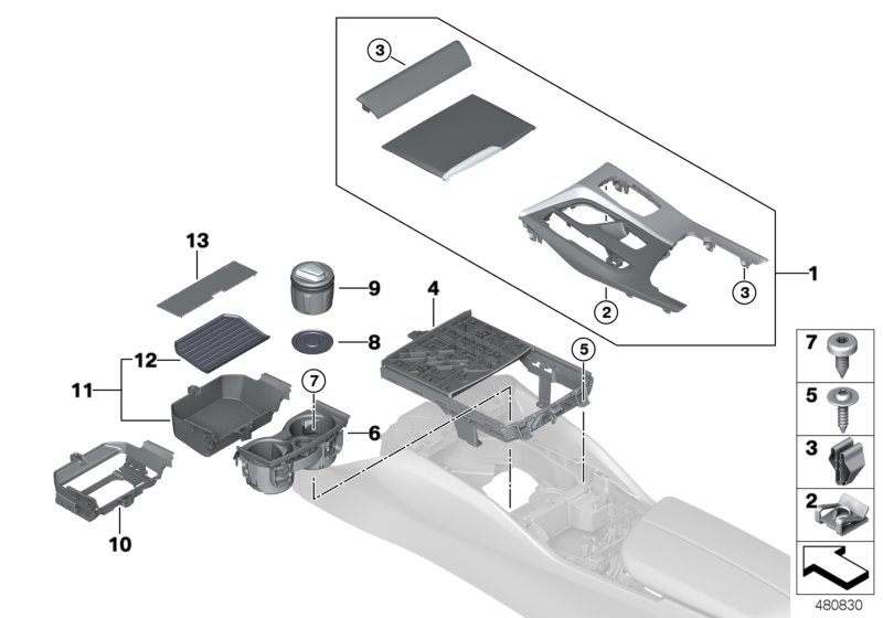 Mounted parts for centre console