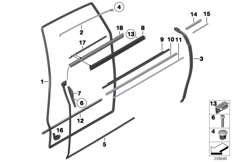 Trims and seals, door, rear