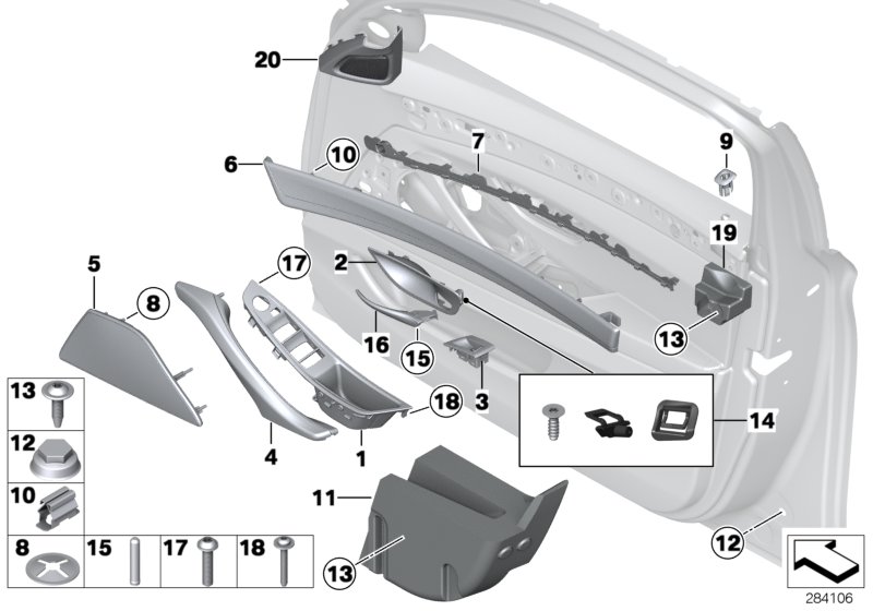Mounting parts, door trim panel, front