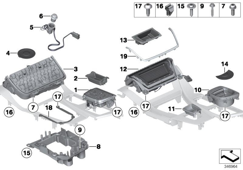 Mounted parts for centre console