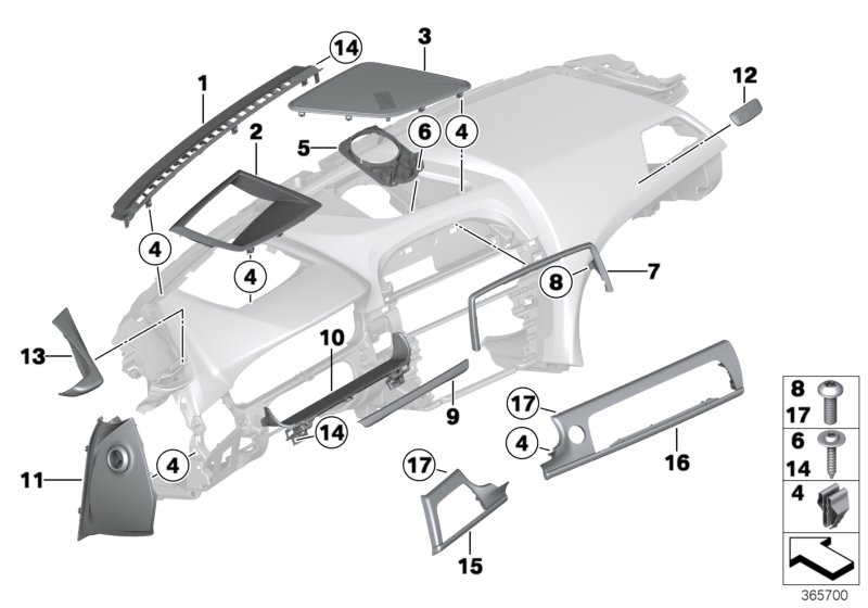 Mounting parts, instrument panel, top