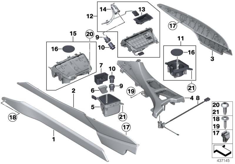 Mounted parts for centre console