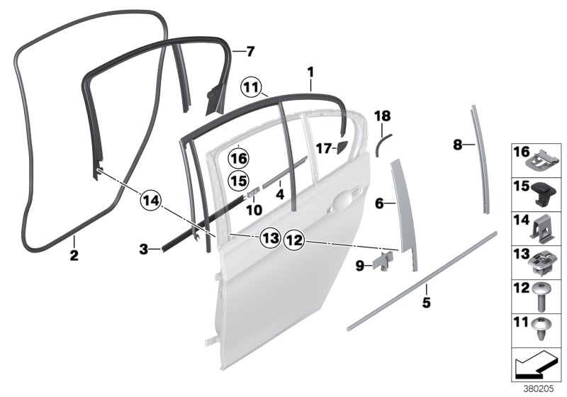 Trims and seals, door, rear