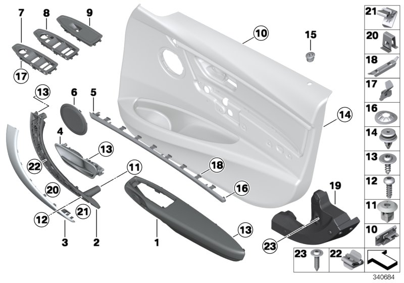 Mounting parts, door trim panel, front