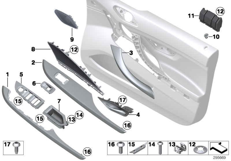 Mounting parts, door trim panel, front