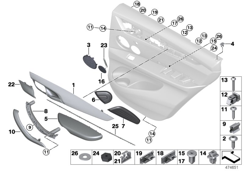 Mounting parts, door trim, rear