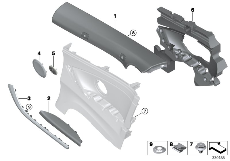 Mounting parts, side trim panel, rear