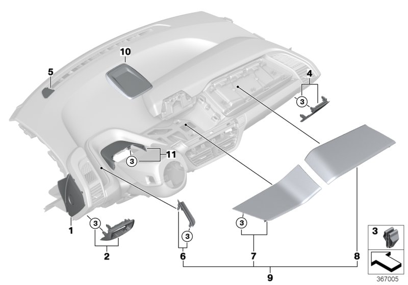 Mounting parts, instrument panel, top