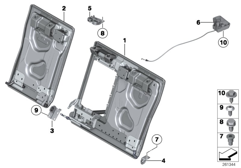 Seat, rear, seat frame, through-loading