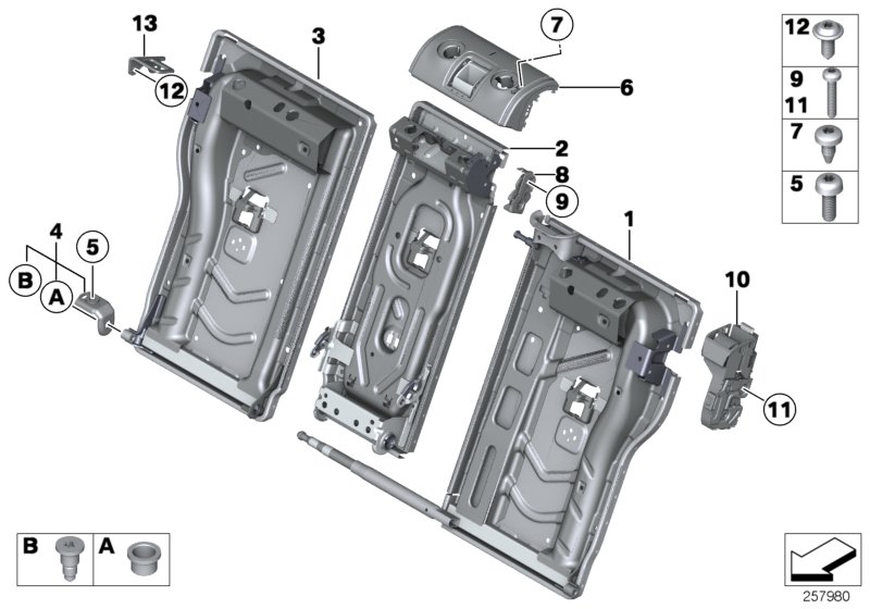 Seat, rear, seat frame, through-loading