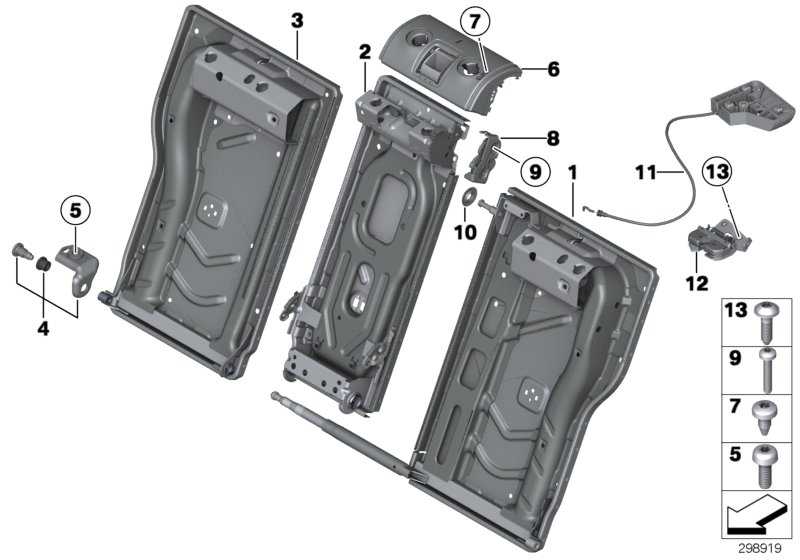 Seat, rear, seat frame, through-loading