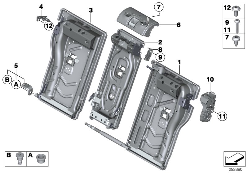 Seat, rear, seat frame, through-loading