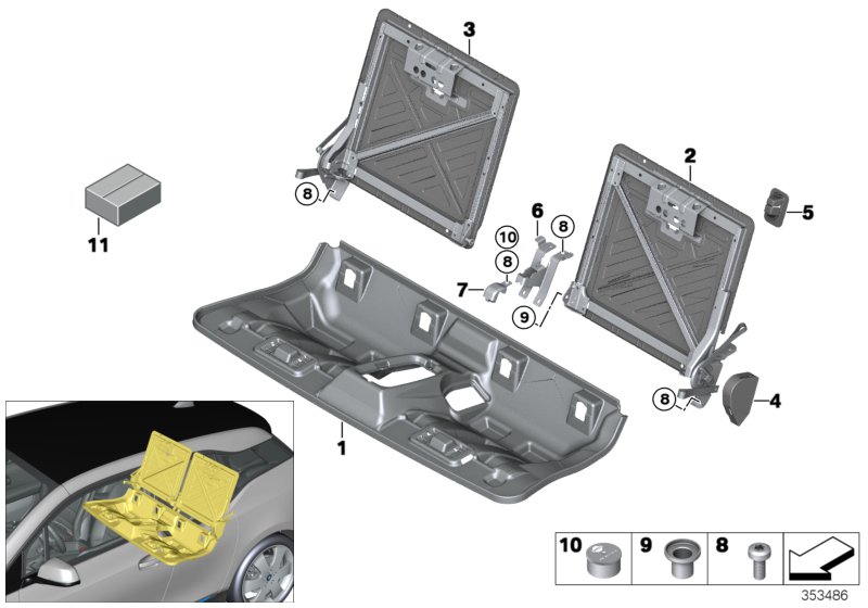 Seat, rear, seat frame, through-loading